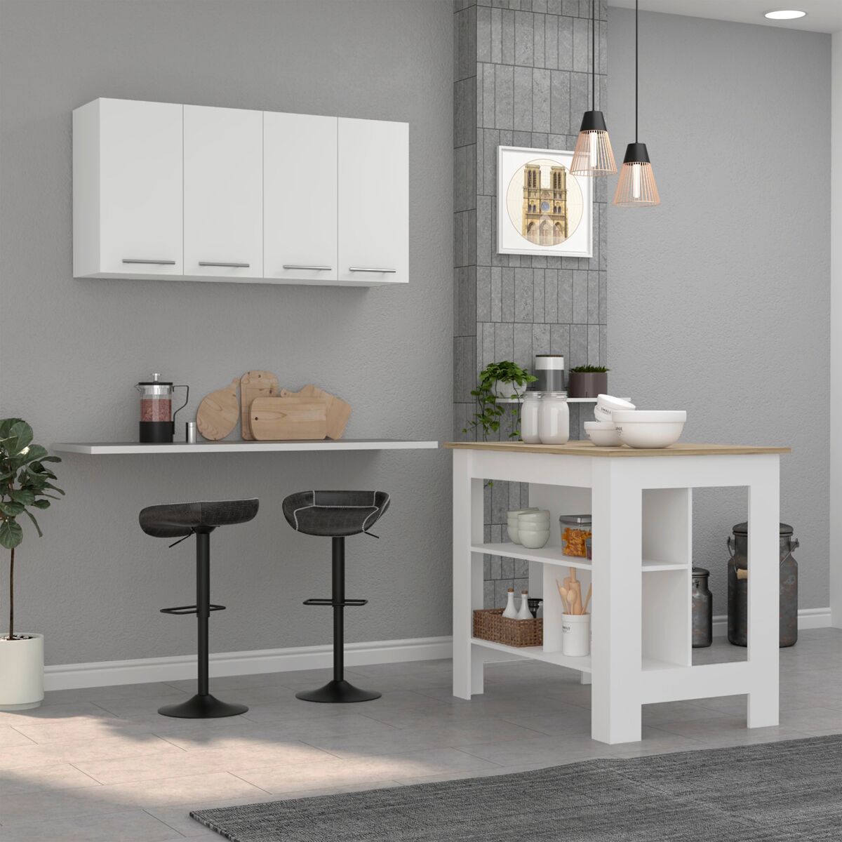 Conjunto caledon de cocina, isla de cocina + módulo superior de pared, 35.4/60 cm al x 103/120 an cm x 70/33.5 p cm, blanco / caramelo