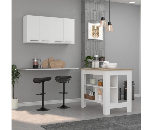 Conjunto caledon de cocina, isla de cocina + módulo superior de pared, 35.4/60 cm al x 103/120 an cm x 70/33.5 p cm, blanco / caramelo