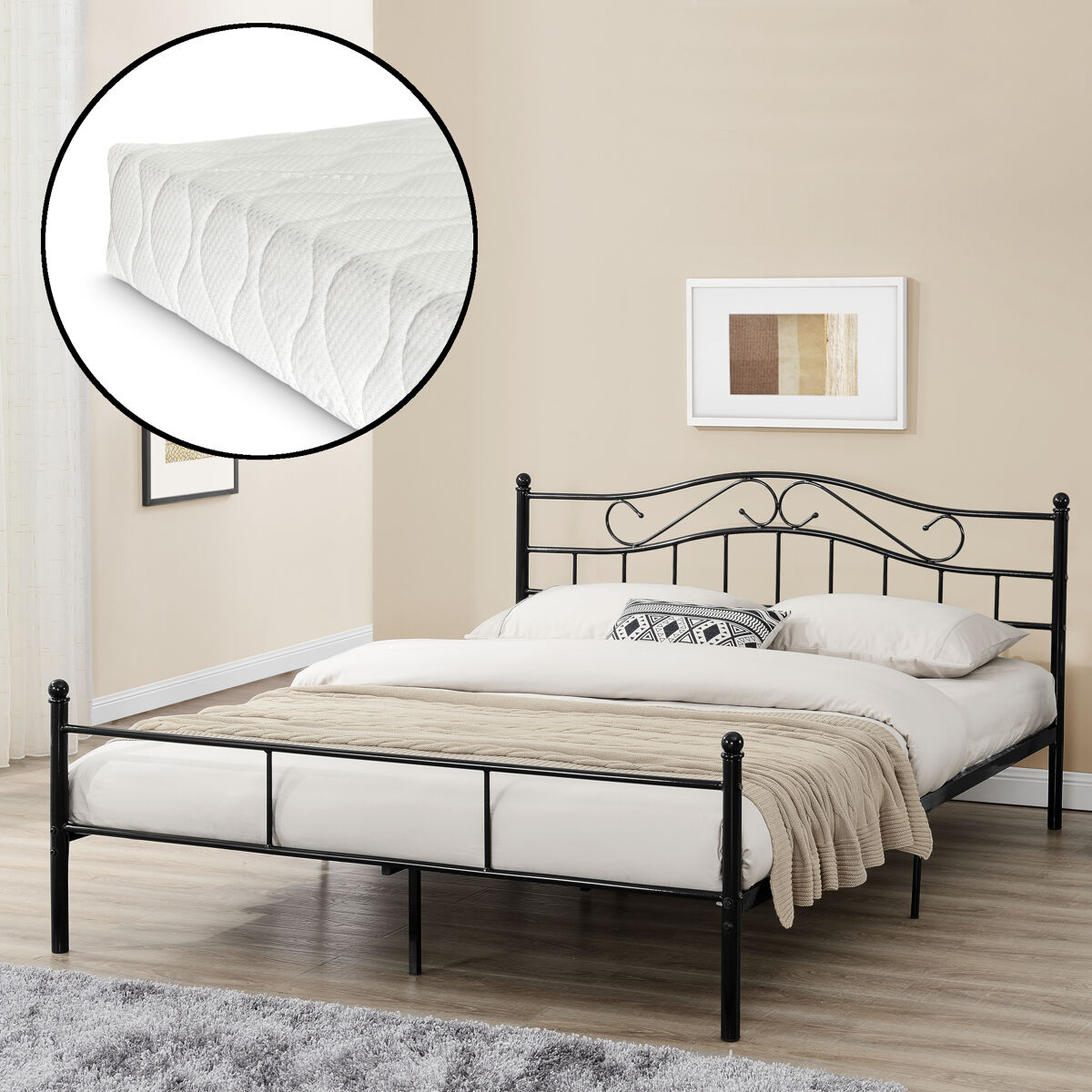 Cama doble (florenz) con cabecero curvado, colchón y somier metal 180 x 200cm - negro [en.casa]