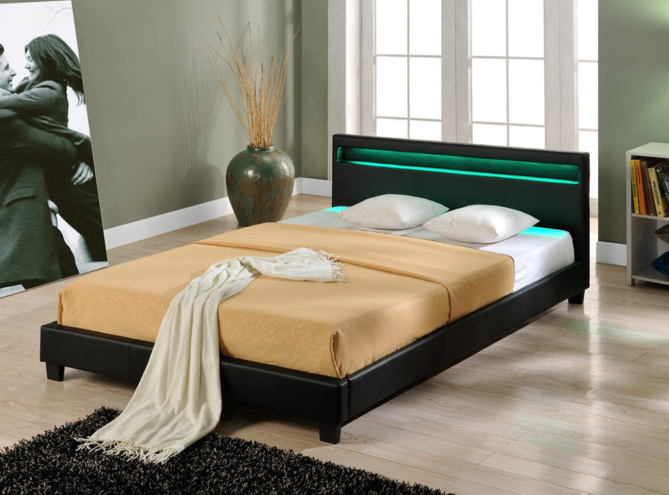 corium cama doble paris  tapizada en piel sintetica - con led -  160x200cm negro