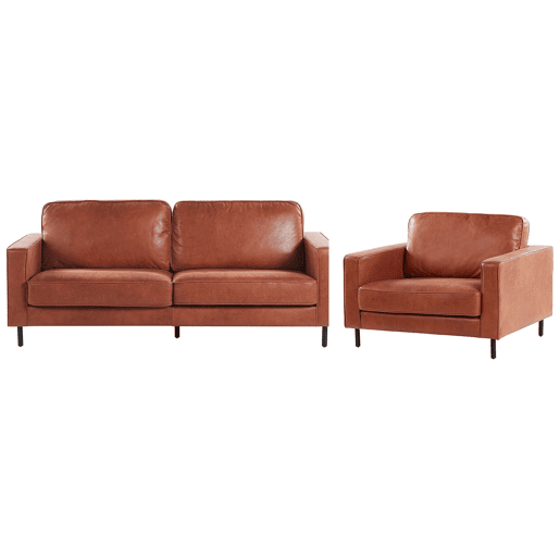 Conjunto de sofá e poltrona com 3 lugares em pele sintética castanha dourada SAVELEN
