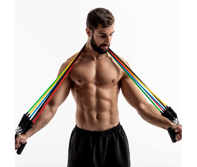 Set de bandas de resistencia con accesorios y guía de ejercicios rebainer innovagoods (pack de 5)