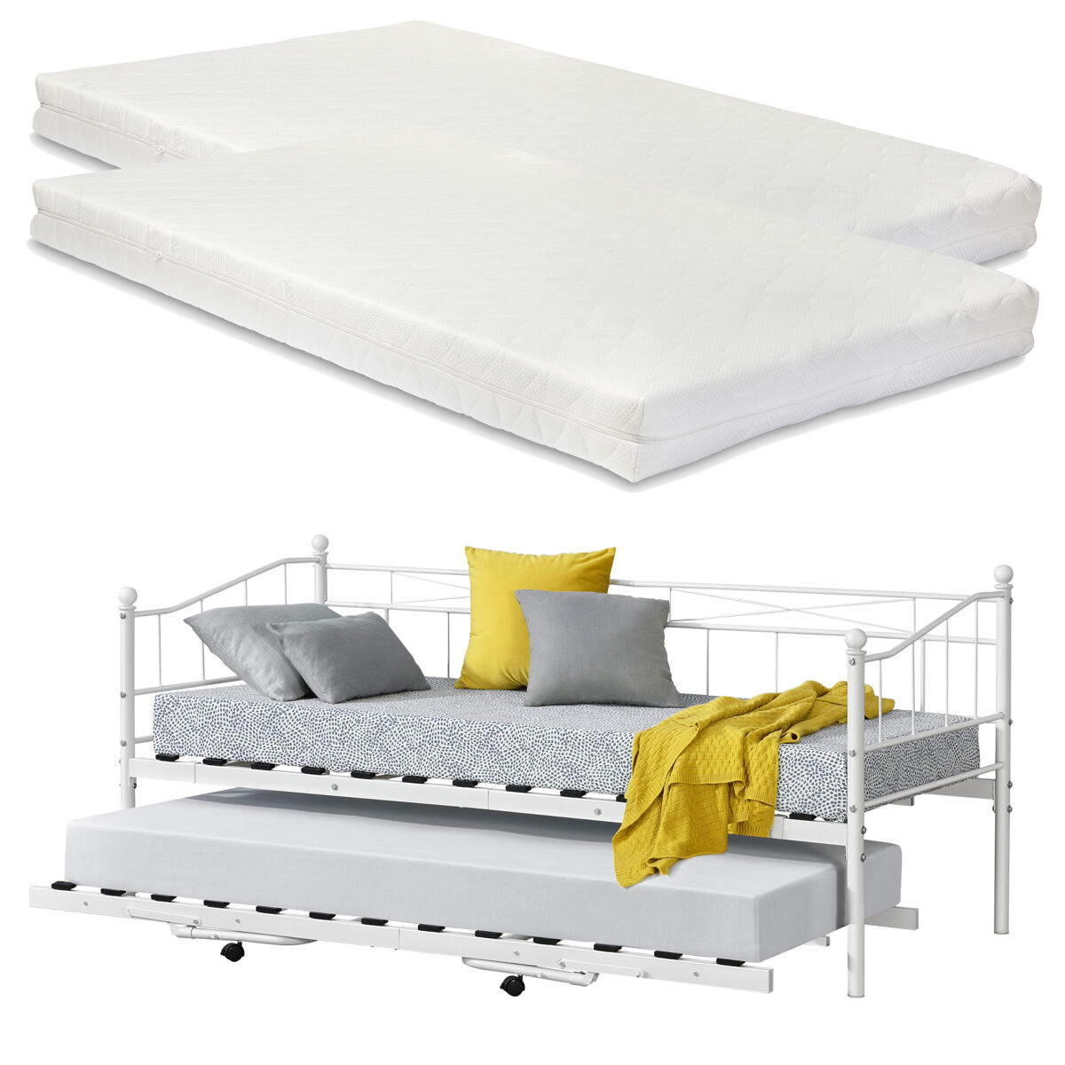 Cama con cama supletoria skutskär con 2 colchones 90 x 200 cm metal - blanco mate [en.casa]