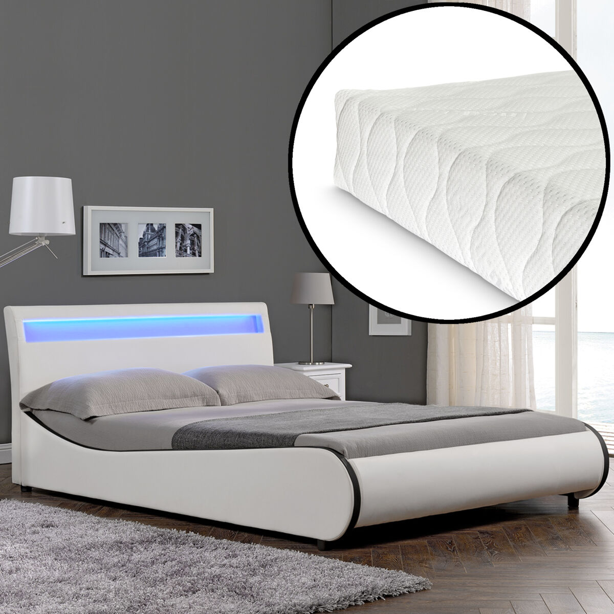 Corium Cama Doble (Valencia) de cuero sintético con colchón y LED 149x221 Blanco/ Beige