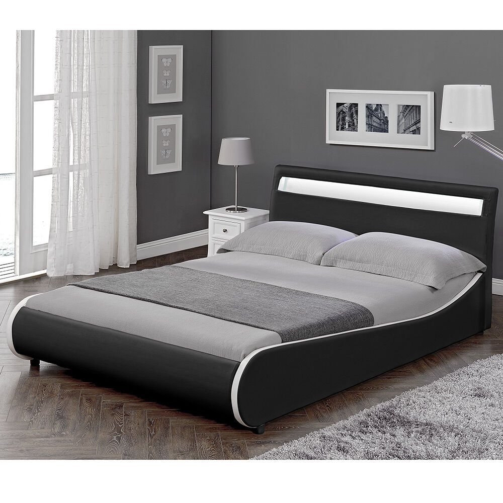 corium cama doble valencia tapizada en cuero sintetico con led - 180x200cm negro