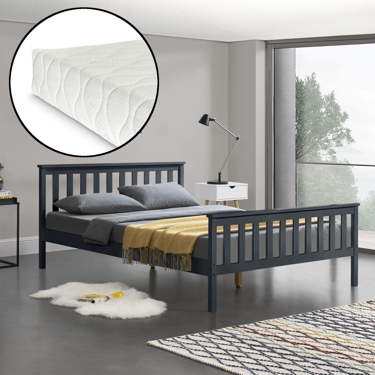 Cama doble hellnar de pino - con listones, colchón y reposacabezas 180 x 200 cm - gris oscuro [en.casa]