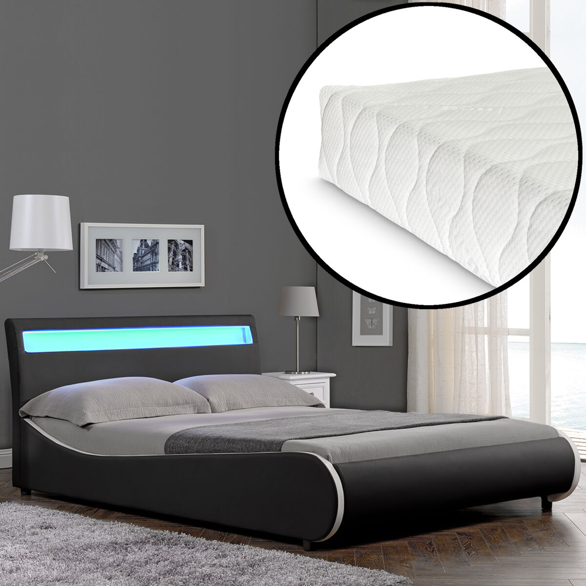 Corium cama doble (valencia) de cuero sintético con colchón y led - (180cm x 200cm) - (negro)