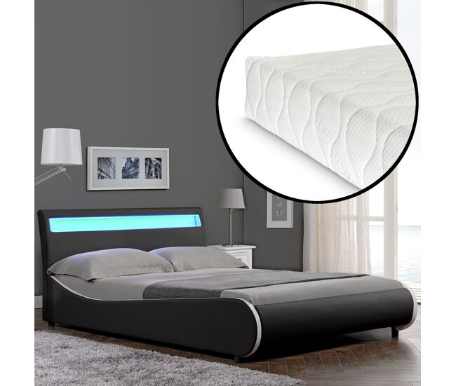 Corium cama doble (valencia) de cuero sintético con colchón y led - (180cm x 200cm) - (negro)