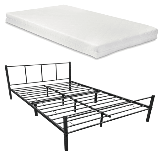Cama casal metálica Laos com colchão de espuma fria 160 x 200cm Base de beliche preta mate en.casa