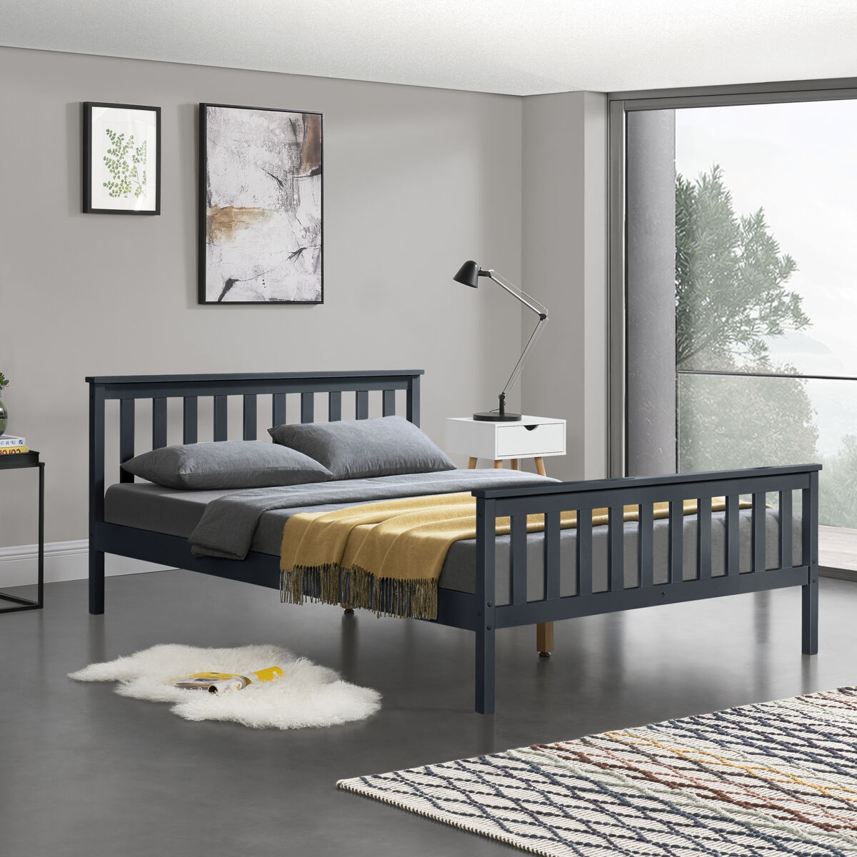 Cama doble hellnar de pino - con listones y reposacabezas 180 x 200 cm - gris oscuro [en.casa]