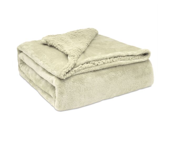 Briebe - manta sofá invierno sedalina lisa y borreguito polar sherpa 130x160 cm calentita gruesa suave, , perla