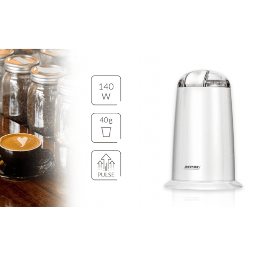 MPM MMK-07 Moinho de Café, Sementes, Especiarias e Nozes, Lâmina Aço Inoxidável, Moagem: 40gmin, 140, Branco