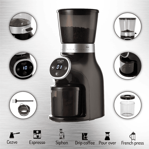Adler AD4450 Moinho de Café, Moedor de Café Profissional, Moedores de Aço, 31 Ajustes de Moagem, 90gmin Café, 300, Preto