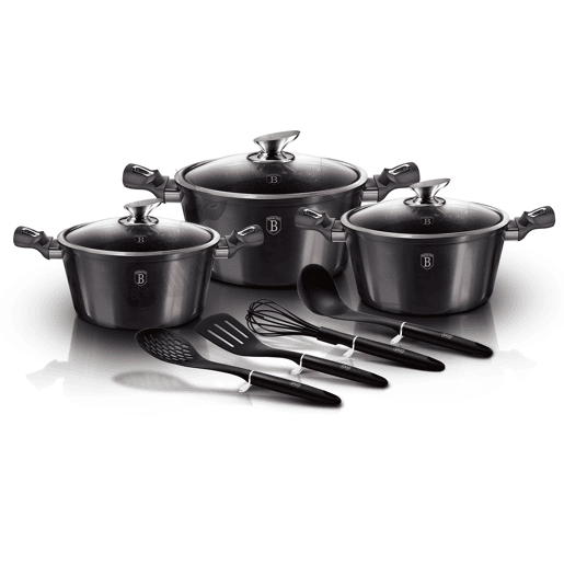 Berlinger Haus Carbon Pro Trem de Cozinha Indução de 10 Peças em Alumínio Antiaderente 3 Panelas, 3 Tampas, 4 Utensílios de Cozinha, , Cinza
