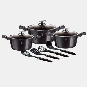 Berlinger Haus Carbon Pro Trem de Cozinha Indução de 10 Peças em Alumínio Antiaderente 3 Panelas, 3 Tampas, 4 Utensílios de Cozinha, , Cinza