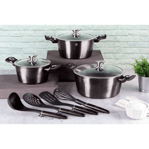 Berlinger Haus Carbon Pro Trem de Cozinha Indução de 10 Peças em Alumínio Antiaderente 3 Panelas, 3 Tampas, 4 Utensílios de Cozinha, , Cinza