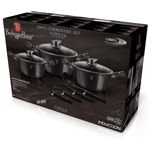 Berlinger Haus Carbon Pro Trem de Cozinha Indução de 10 Peças em Alumínio Antiaderente 3 Panelas, 3 Tampas, 4 Utensílios de Cozinha, , Cinza