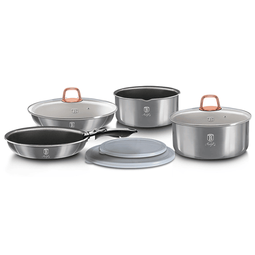 Berlinger Haus Moonlight Trem de Cozinha de Indução 9 Peças, Pega Amovível, Alumínio Antiaderente Set Panelas e Frigideiras, , Cinza