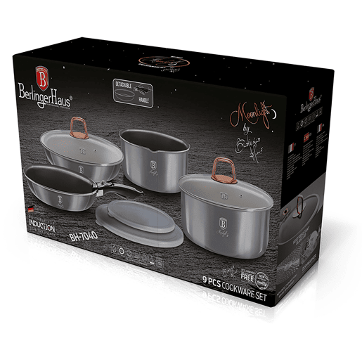 Berlinger Haus Moonlight Trem de Cozinha de Indução 9 Peças, Pega Amovível, Alumínio Antiaderente Set Panelas e Frigideiras, , Cinza