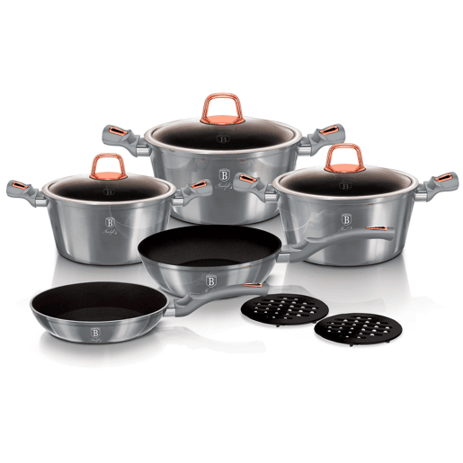 Berlinger Haus Moonlight Trem de Cozinha Indução de 10 Peças em Alumínio Antiaderente 3 Panelas, 2 Frigideiras, 3 Tampas, , Cinza