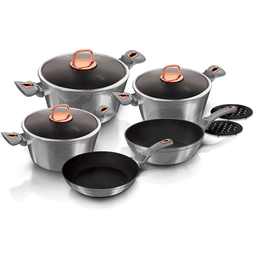 Berlinger Haus Moonlight Trem de Cozinha Indução de 10 Peças em Alumínio Antiaderente 3 Panelas, 2 Frigideiras, 3 Tampas, , Cinza