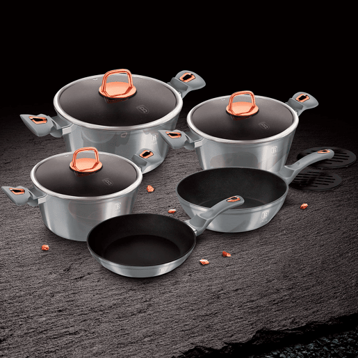 Berlinger Haus Moonlight Trem de Cozinha Indução de 10 Peças em Alumínio Antiaderente 3 Panelas, 2 Frigideiras, 3 Tampas, , Cinza