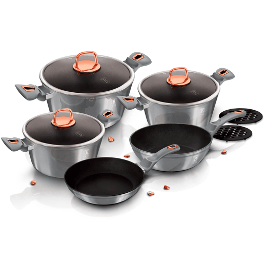 Berlinger Haus Moonlight Trem de Cozinha Indução de 10 Peças em Alumínio Antiaderente 3 Panelas, 2 Frigideiras, 3 Tampas, , Cinza