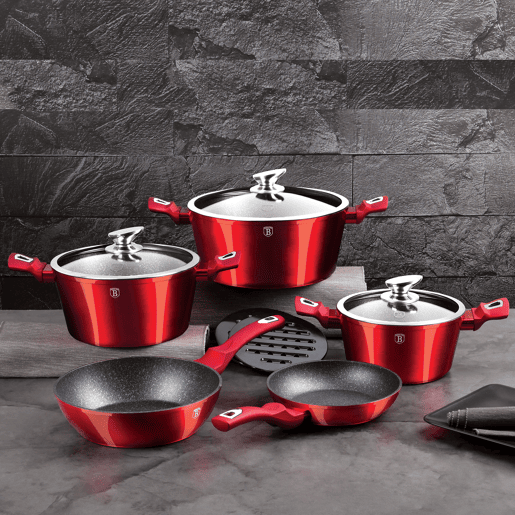 Berlinger Haus Burgundy Trem de Cozinha Indução de 10 Peças em Alumínio Antiaderente Caçarola, Frigideira, Frigideira Profunda, , Vermelho