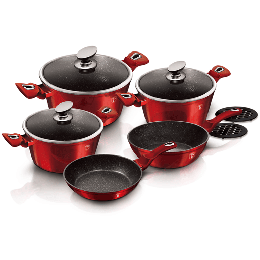 Berlinger Haus Burgundy Trem de Cozinha Indução de 10 Peças em Alumínio Antiaderente Caçarola, Frigideira, Frigideira Profunda, , Vermelho