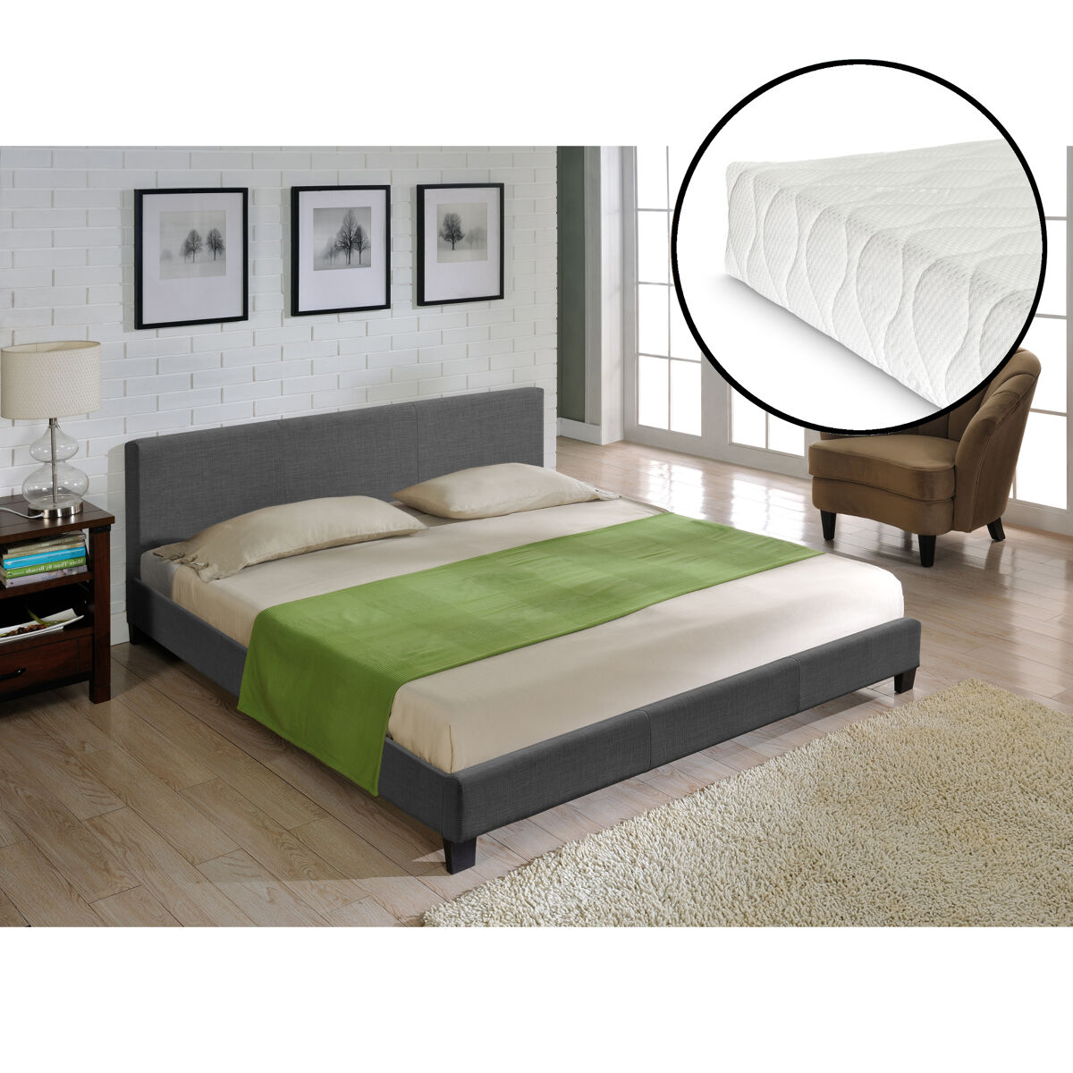 Corium cama doble skagen tapizada en tela con colchón 180x200cm gris oscuro [neu.haus]