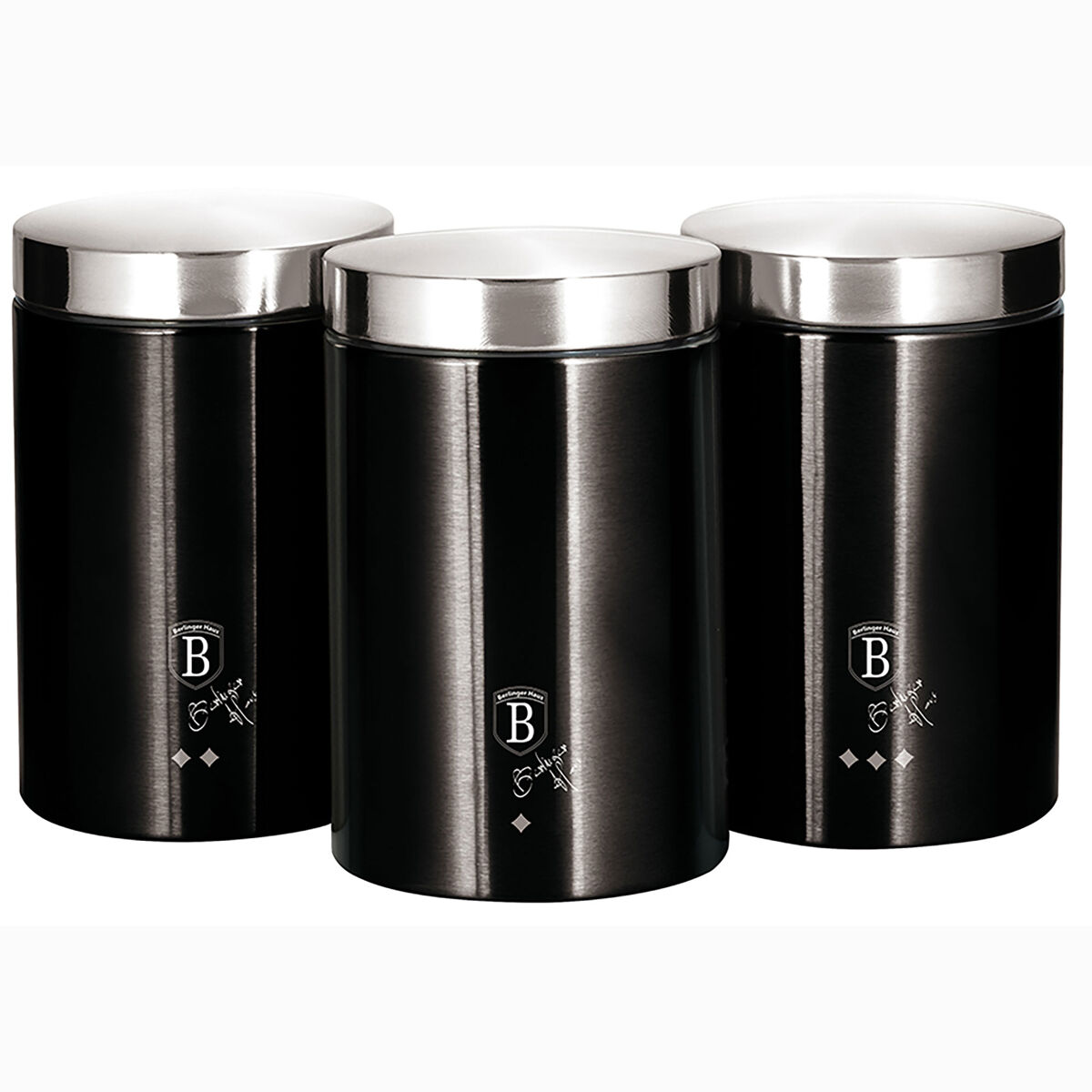 Berlinger haus black silver set 3 botes cocina almacenaje acero inoxidable, diseño moderno, ø11x17,8cm especias, té ,café, , acero inoxidable / negro