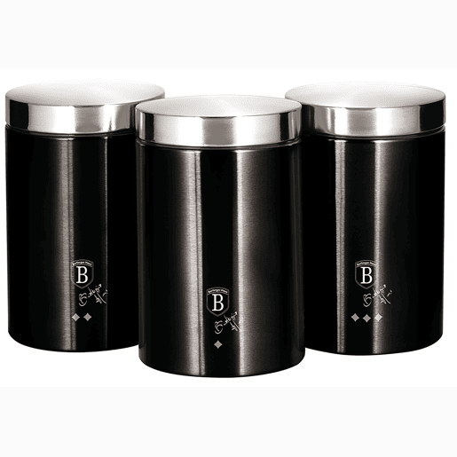 Berlinger Haus Black Silver 3 Boiões de Armazenamento de Cozinha Aço Inoxidável, Ø11 x 17,8 cm, Especiarias, Chá ,Café, , Preto  Inox