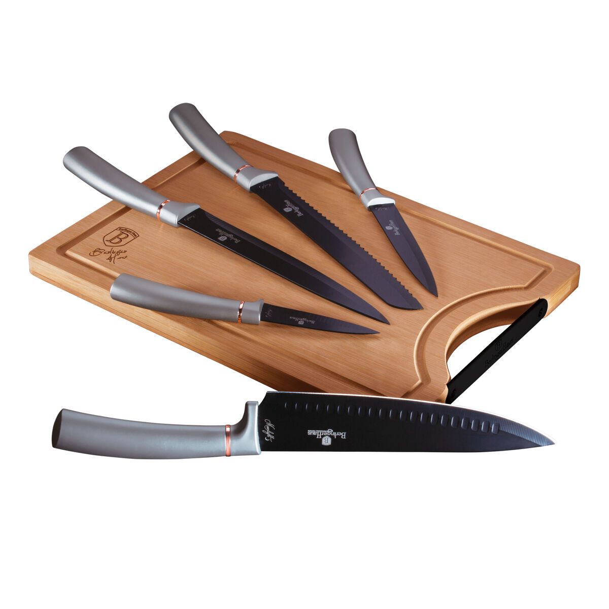 Berlinger haus moonlight juego cuchillos cocina profesional acero inoxidable, cocinero cebollero, rebanador tabla bambú, , gris