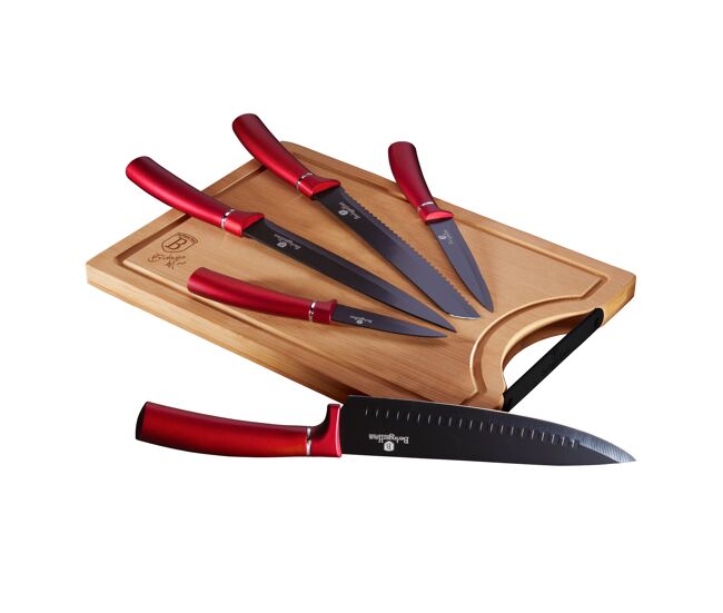 Berlinger haus burgundy juego cuchillos cocina profesional acero inoxidable, cocinero cebollero, rebanador tabla bambú, , rojo