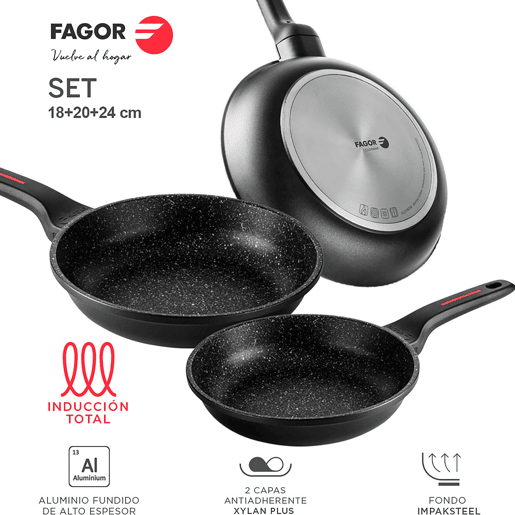 FAGOR Alutherm Conjunto de 3 Frigideiras Indução 18-20-24 cm, Alumínio Fundido, Antiaderente Ecológico PFOA Livre, , Preto