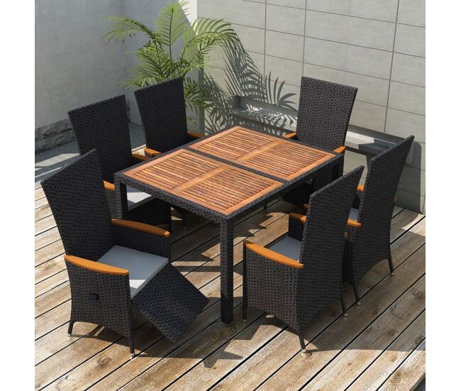 Set comedor de jardín 7 piezas ratán sintético y madera negro vidaxl