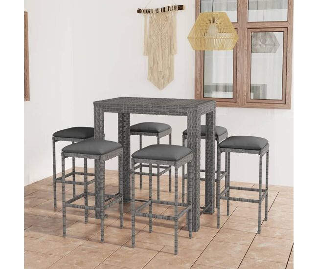 Set muebles bar jardín 7 piezas y cojines ratán sintético gris vidaxl
