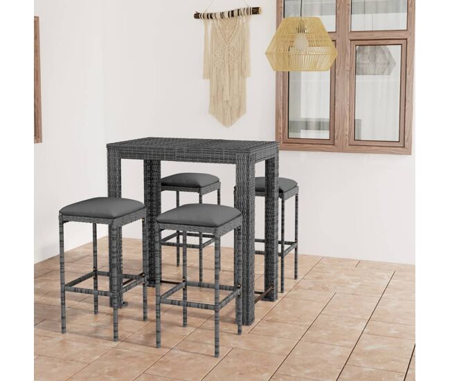 Set muebles bar jardín 5 piezas y cojines ratán sintético gris vidaxl