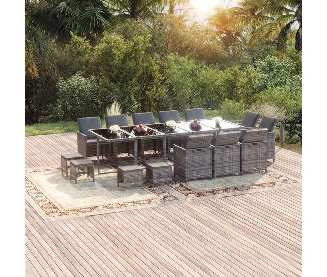 Set de comedor jardín 15 pzas con cojines ratán sintético gris vidaxl