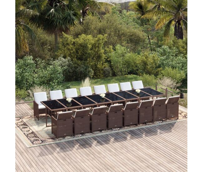 Juego comedor jardín 17 pzas con cojines ratán sintético marrón vidaxl
