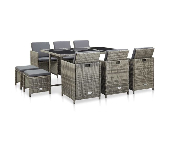 Set de comedor de jardín 11 pzas y cojines ratán sintético gris vidaxl