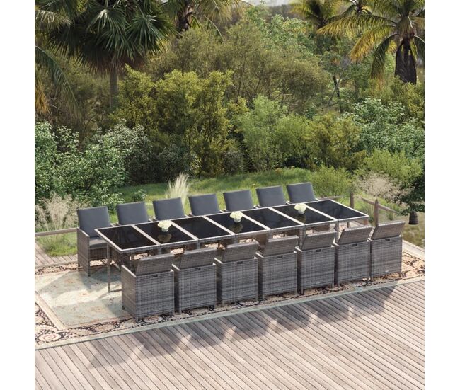 Set de comedor jardín 15 pzas con cojines ratán sintético gris vidaxl