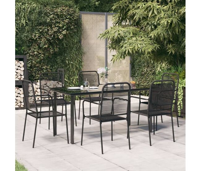 Juego de comedor jardín 7 pzas acero y cuerda de algodón negro vidaxl