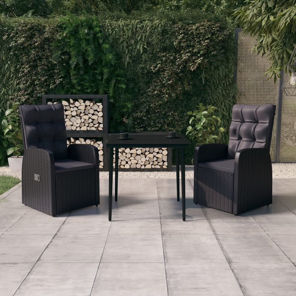Juego de comedor para jardín de 3 piezas y cojines negro vidaxl