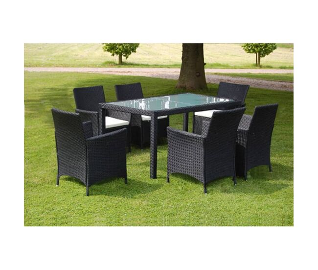 Set comedor de jardín 7 piezas y cojines ratán sintético negro vidaxl
