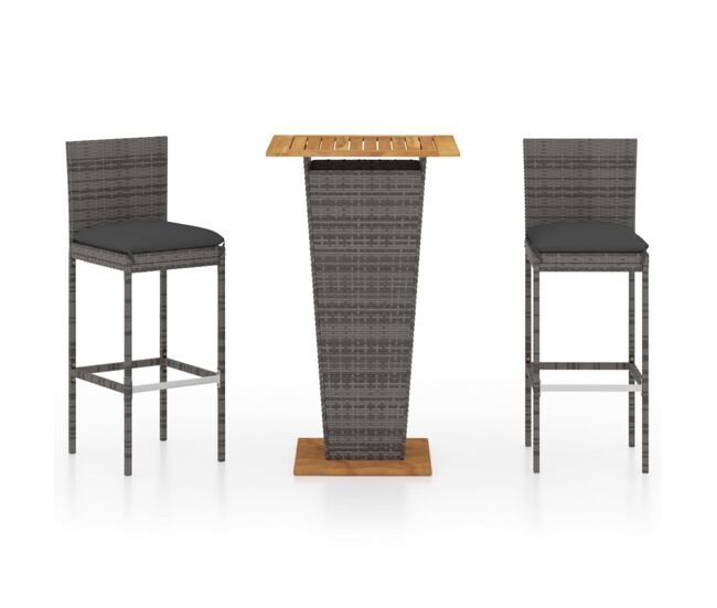 Set de muebles de bar de jardín 3 pzas y cojines ratán pe gris vidaxl