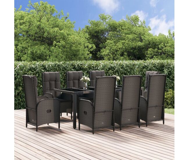 Set comedor jardín 9 pzas y cojines ratán sintético negro gris vidaxl