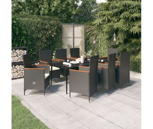 Juego de comedor para jardín 9 piezas con cojines negro vidaxl