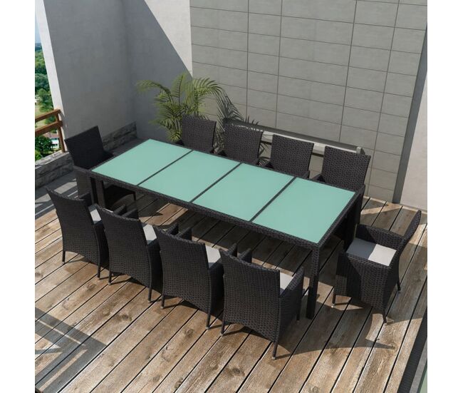 Set comedor de jardín 11 piezas y cojines ratán sintético negro vidaxl
