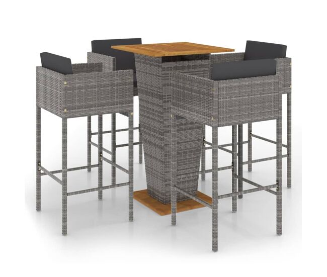 Set muebles de bar jardín 5 pzas y cojines ratán sintético gris vidaxl